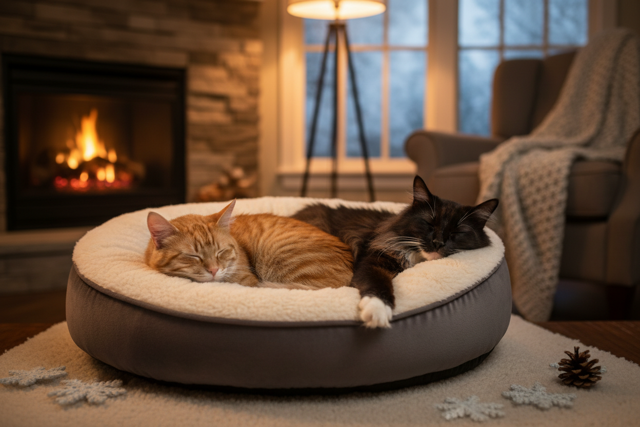 Two cats sharing a cozy donut pet bed