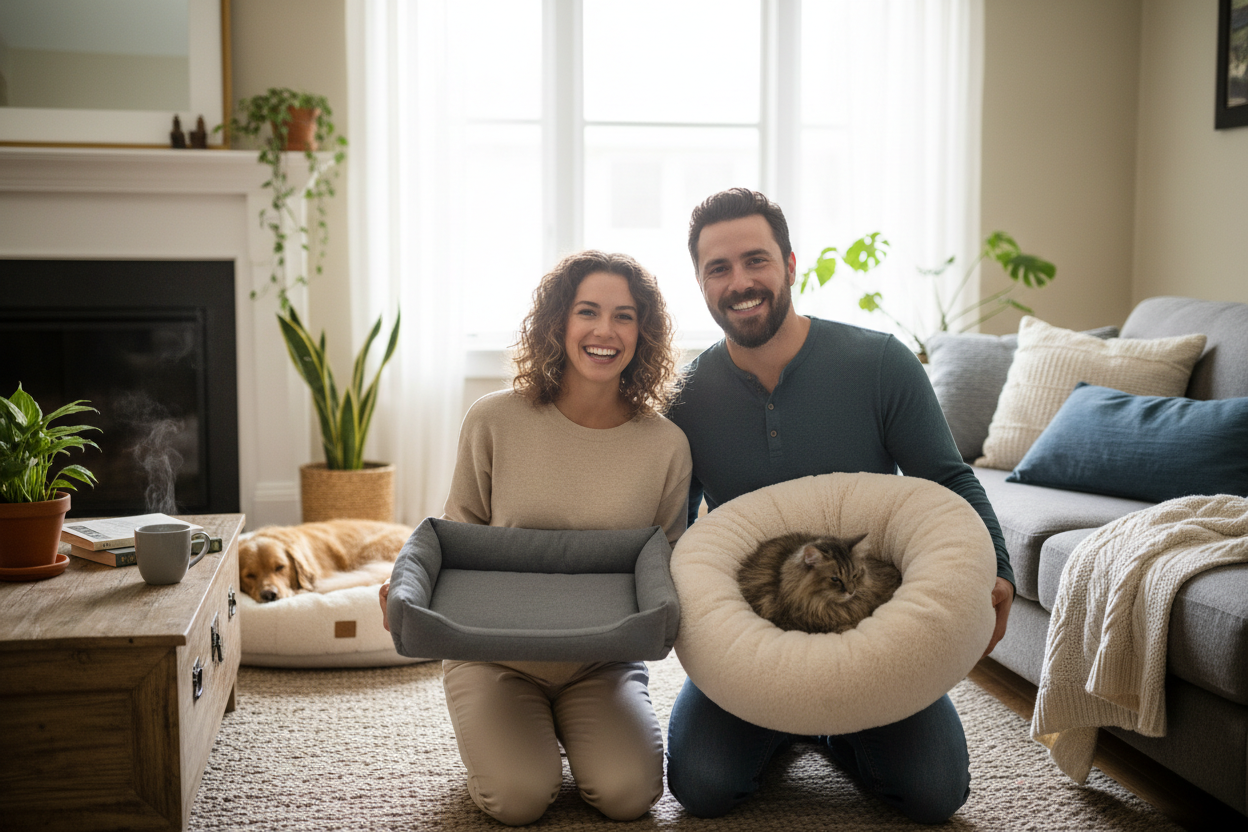 Pet owners comparing a flat bed and a round faux fur pet bed